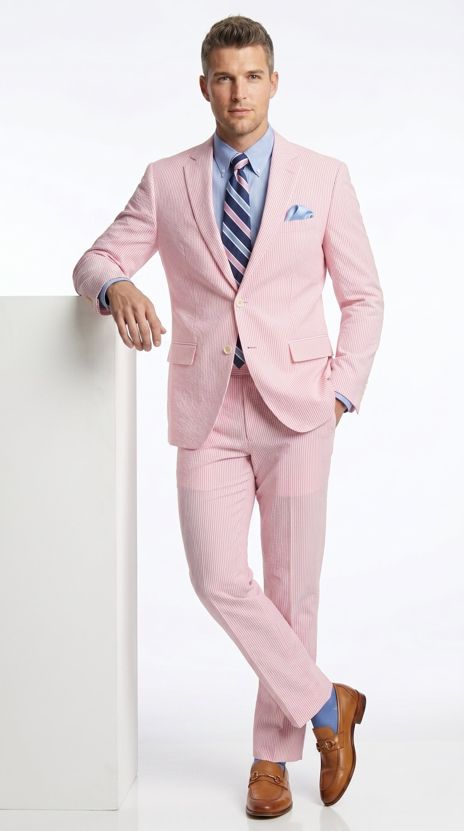 Men’s Pink Seersucker 2 Piece Suit, Lightweight Summer Dress Suit for Weddings, Prom, Parties, and Special Occasions