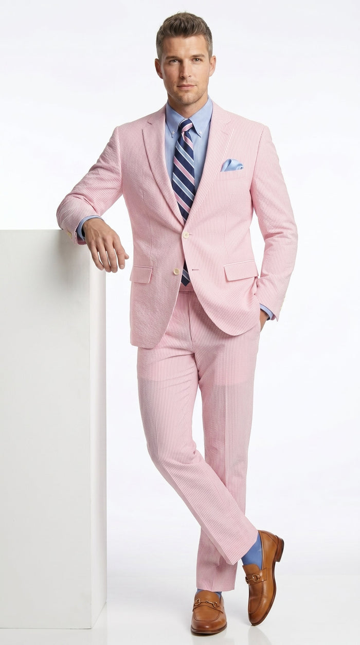 Men’s Pink Seersucker 2 Piece Suit, Lightweight Summer Dress Suit for Weddings, Prom, Parties, and Special Occasions