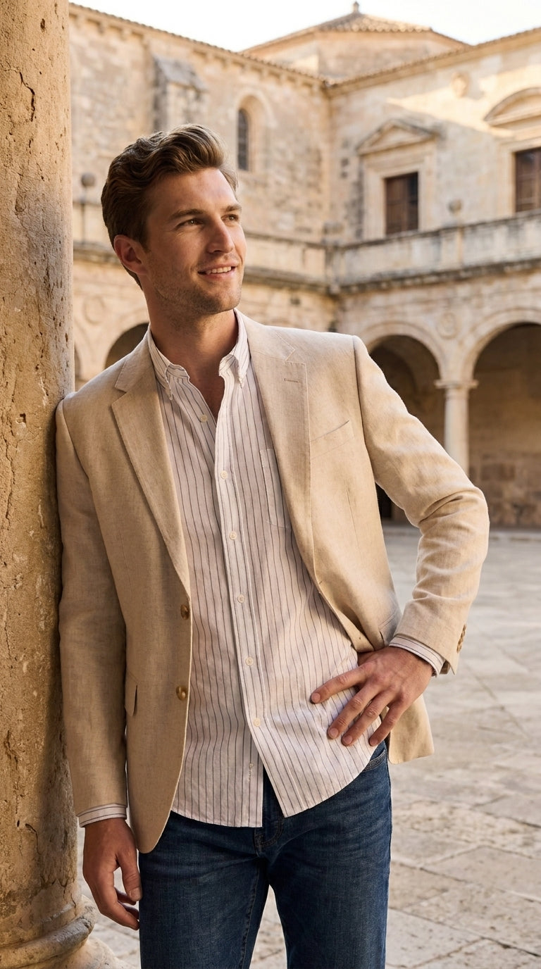 Men’s Light Tan Sport Coat – Classic Two-Button Casual Blazer for Business, Weddings & Smart Casual Wear Modern Fit Linen Fabric - 36 Short