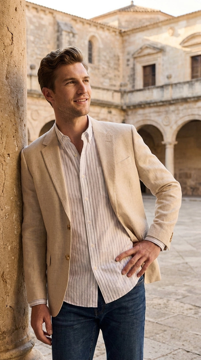 Men’s Light Tan Sport Coat – Classic Two-Button Casual Blazer for Business, Weddings & Smart Casual Wear Modern Fit Linen Fabric