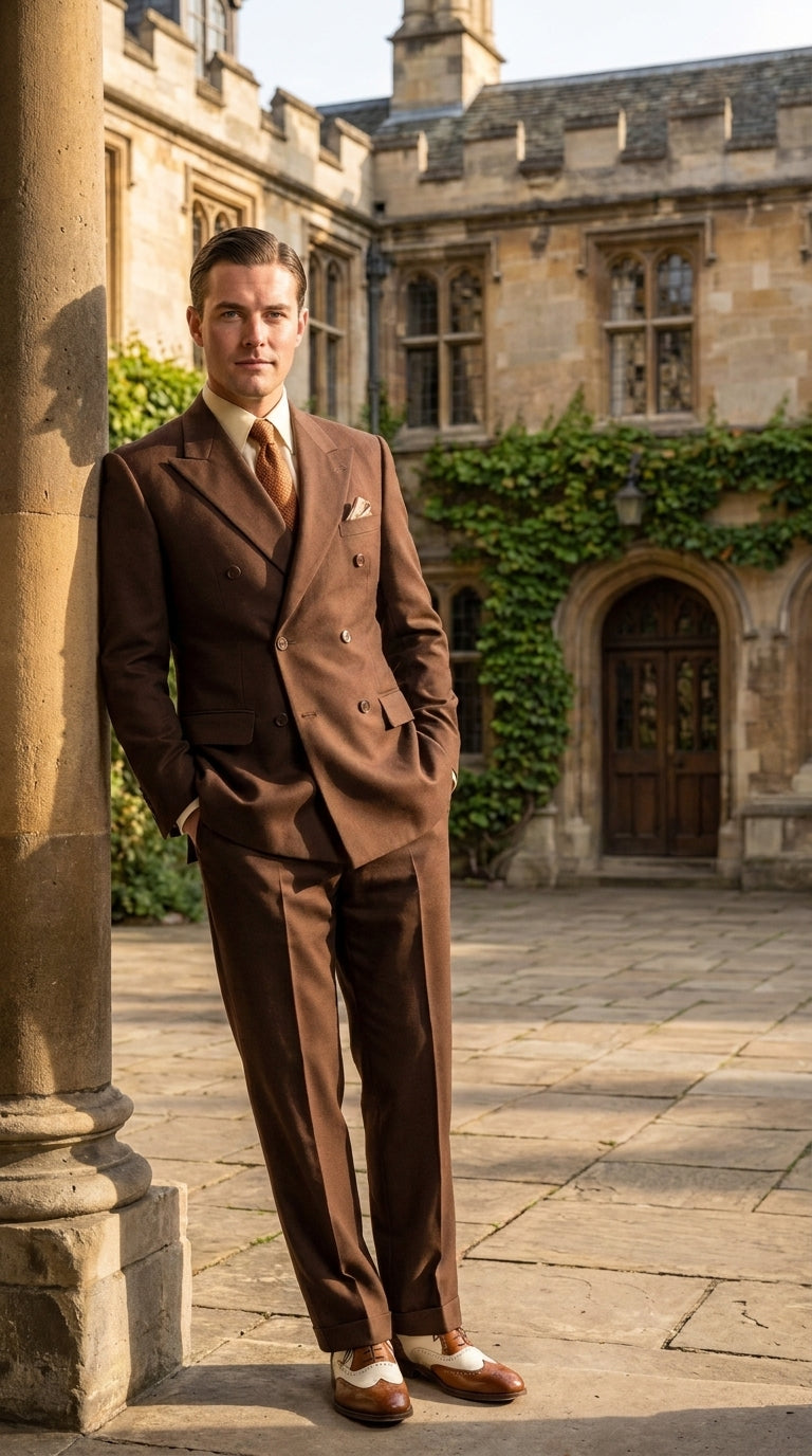 Men’s Brown Vintage Double Breasted Suit, Classic 1940s Style Formal Wedding Business Suit Set - 34 Short or Extra Small