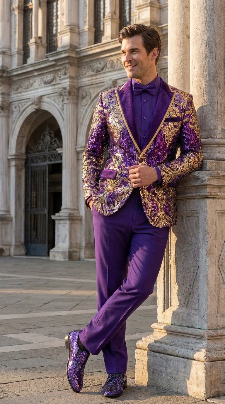 Men’s Purple and Gold Sequin Suit with Pants – Luxury Prom, Wedding and Party Blazer - 34 Short or Extra Small