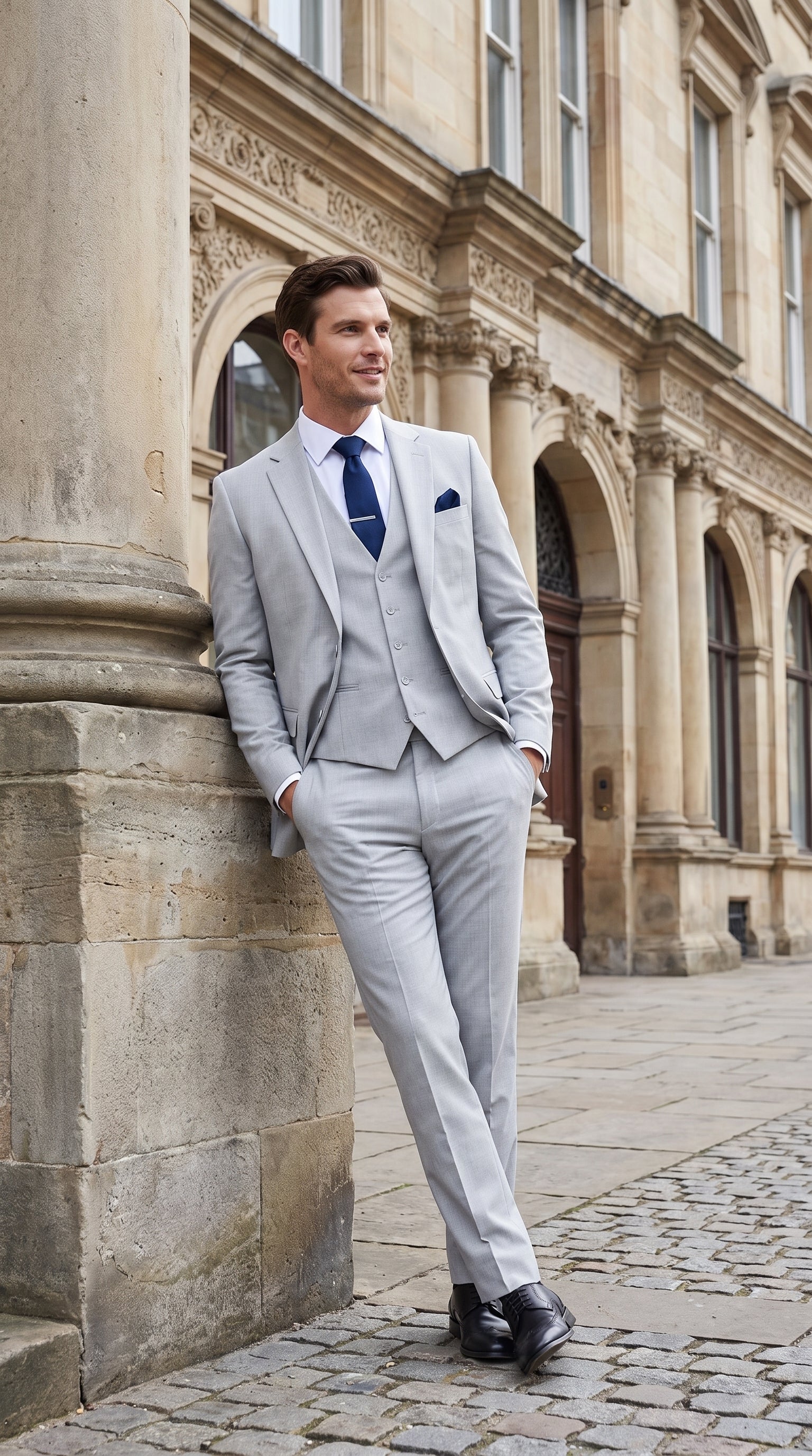 Men’s Silver & Navy Blue 3-Piece Suit – Wedding, Business and Formal Suit with Free Matching Tie - 34 Short or Extra Small