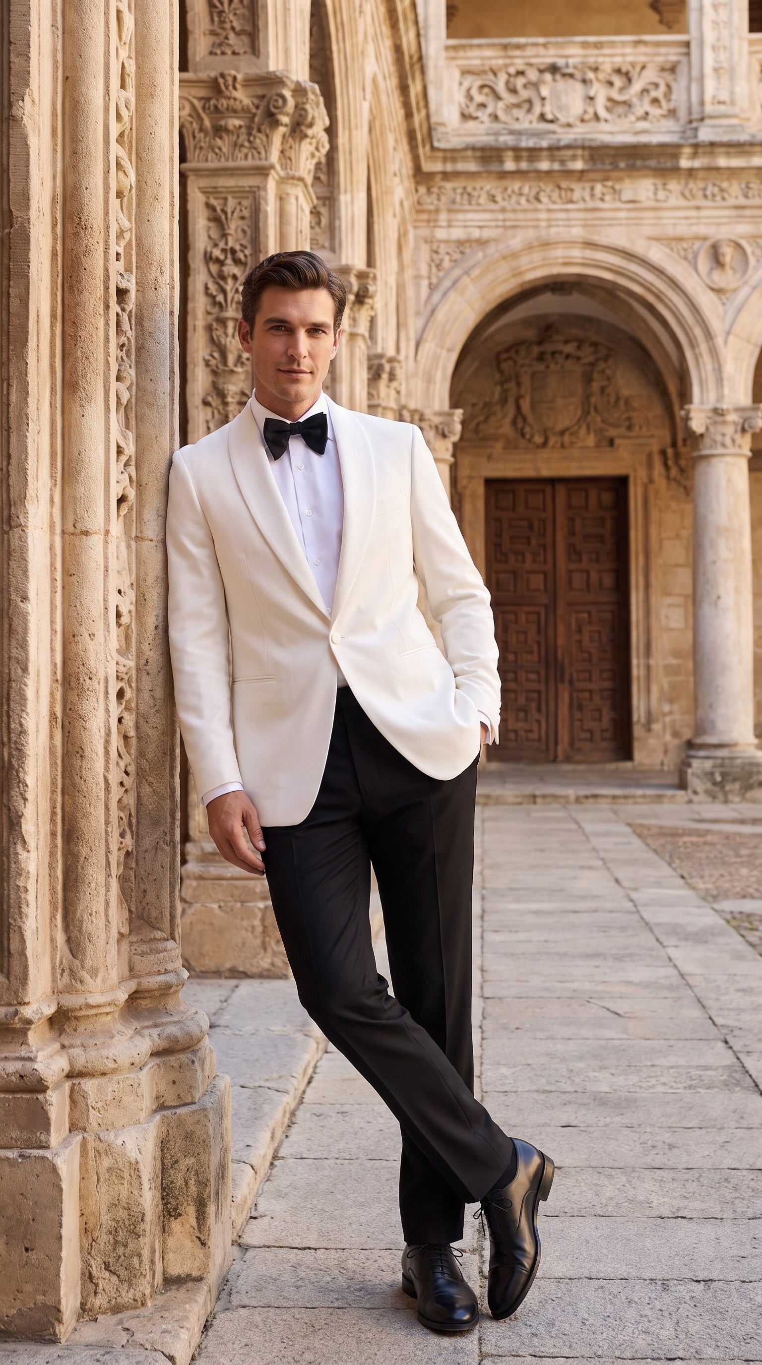 Men’s Vintage Hollywood Ivory Tuxedo – Black Shawl Lapel Wedding, Prom and Formal Dinner Jacket with Black Pants - 34 Short or Extra Small