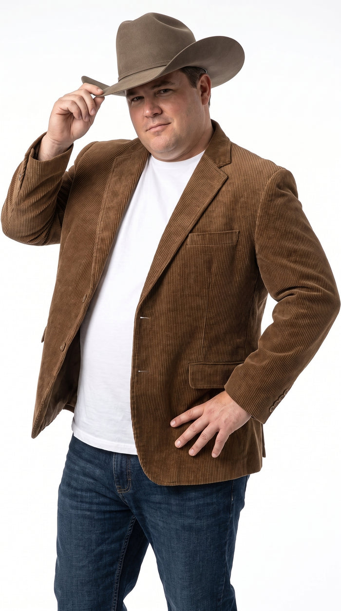 Men’s Brown Corduroy Country Blazer – Two-Button Western Sport Coat for Casual