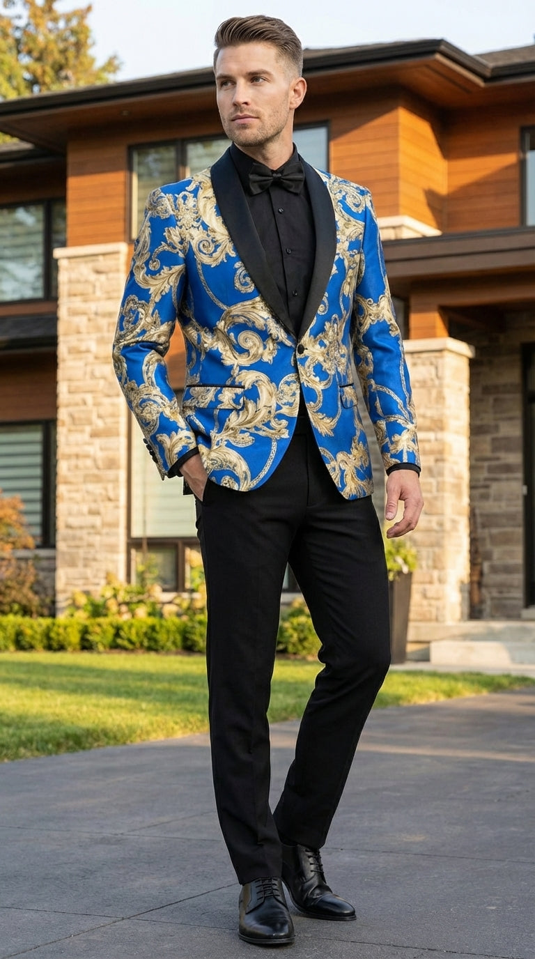 Men’s Royal Blue and Gold Blazer Jacket – Luxury Floral Pattern Tuxedo Blazer, Formal Party Wedding Dinner Jacket, Stylish Evening Wear - 36 Short