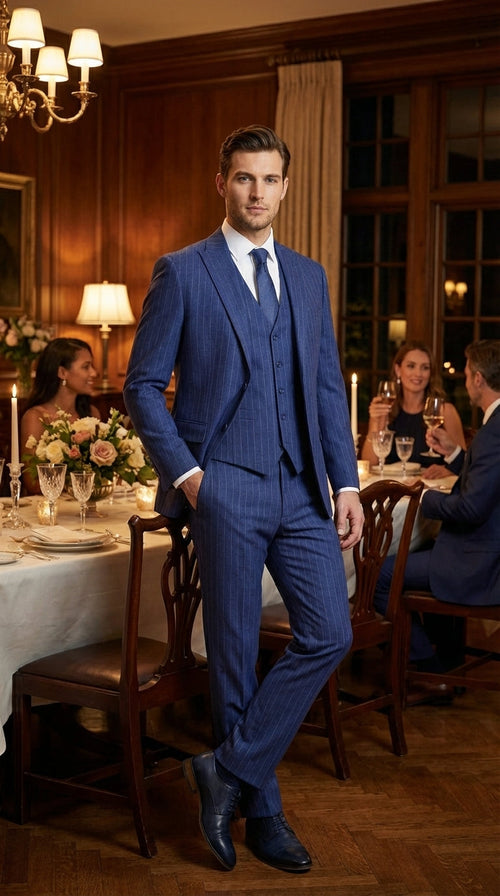 Men’s Cobalt Blue 3 Piece Suit – Indigo Light Blue Pinstripe Formal Suit with Vest for Wedding, Business Modern Fit Two buttons