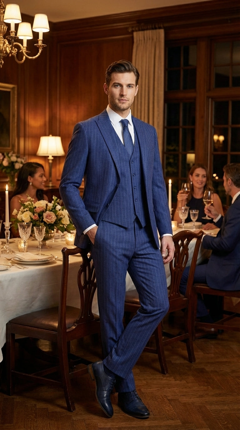 Men’s Cobalt Blue 3 Piece Suit – Indigo Light Blue Pinstripe Formal Suit with Vest for Wedding, Business Modern Fit Two buttons - 34 Short or Extra Small