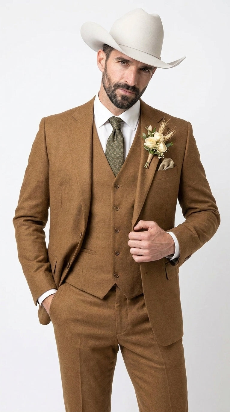 Men’s Tan Groom Outfit Country Wedding 3 Piece Suit Khaki Camel Color Modern Fit - 34 Short or Extra Small