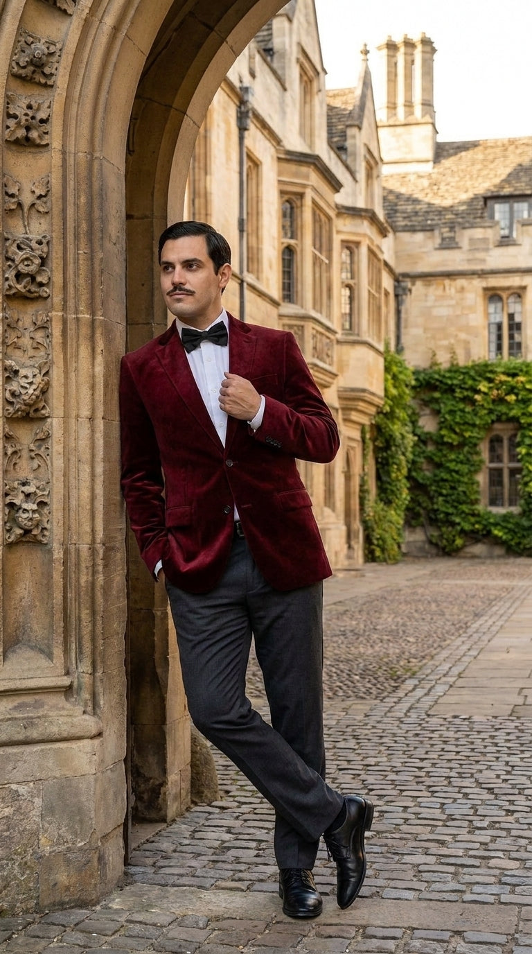 Men’s Gomez Addams Inspired Costume, Burgundy Velvet Blazer with Black Pants Formal Party Outfit Combo - 36 Short