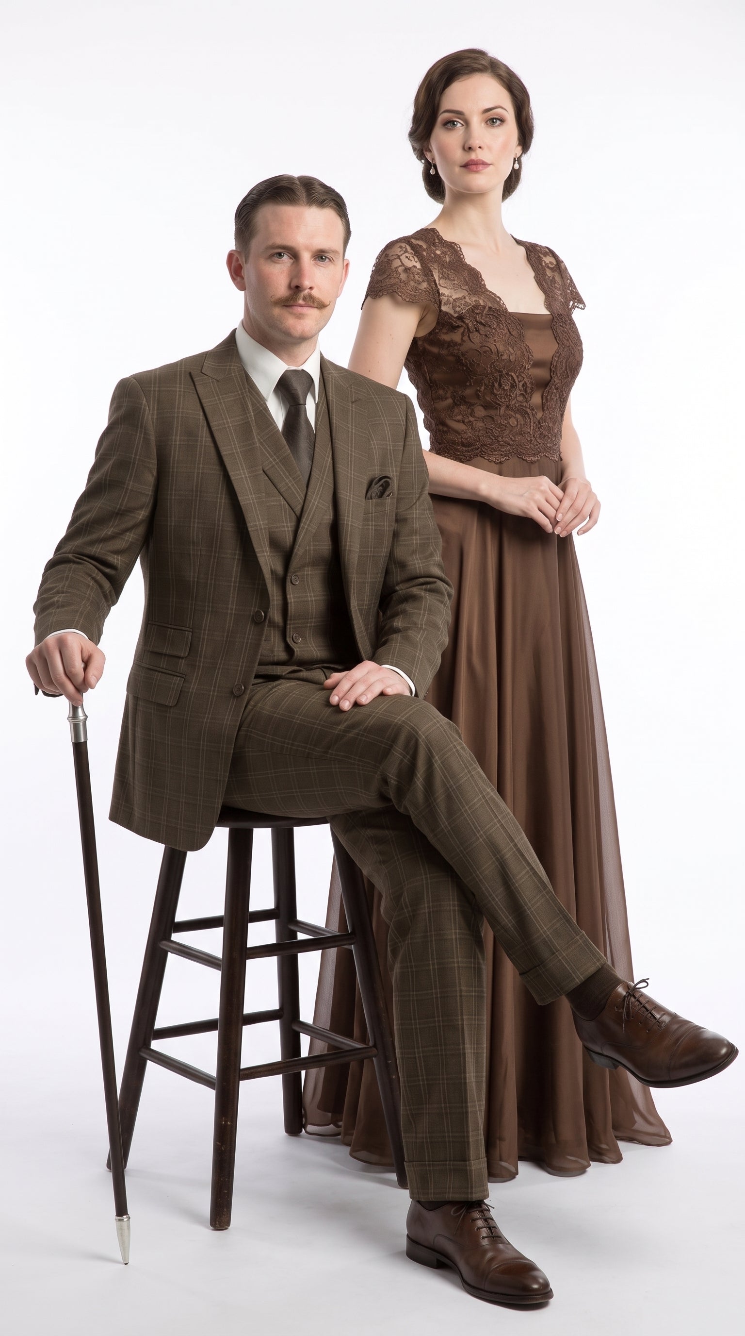 Men’s Edwardian Brown Plaid 3-Piece Suit – Vintage Double-Breasted Vest Wedding and Formal Suit - 34 Short or Extra Small