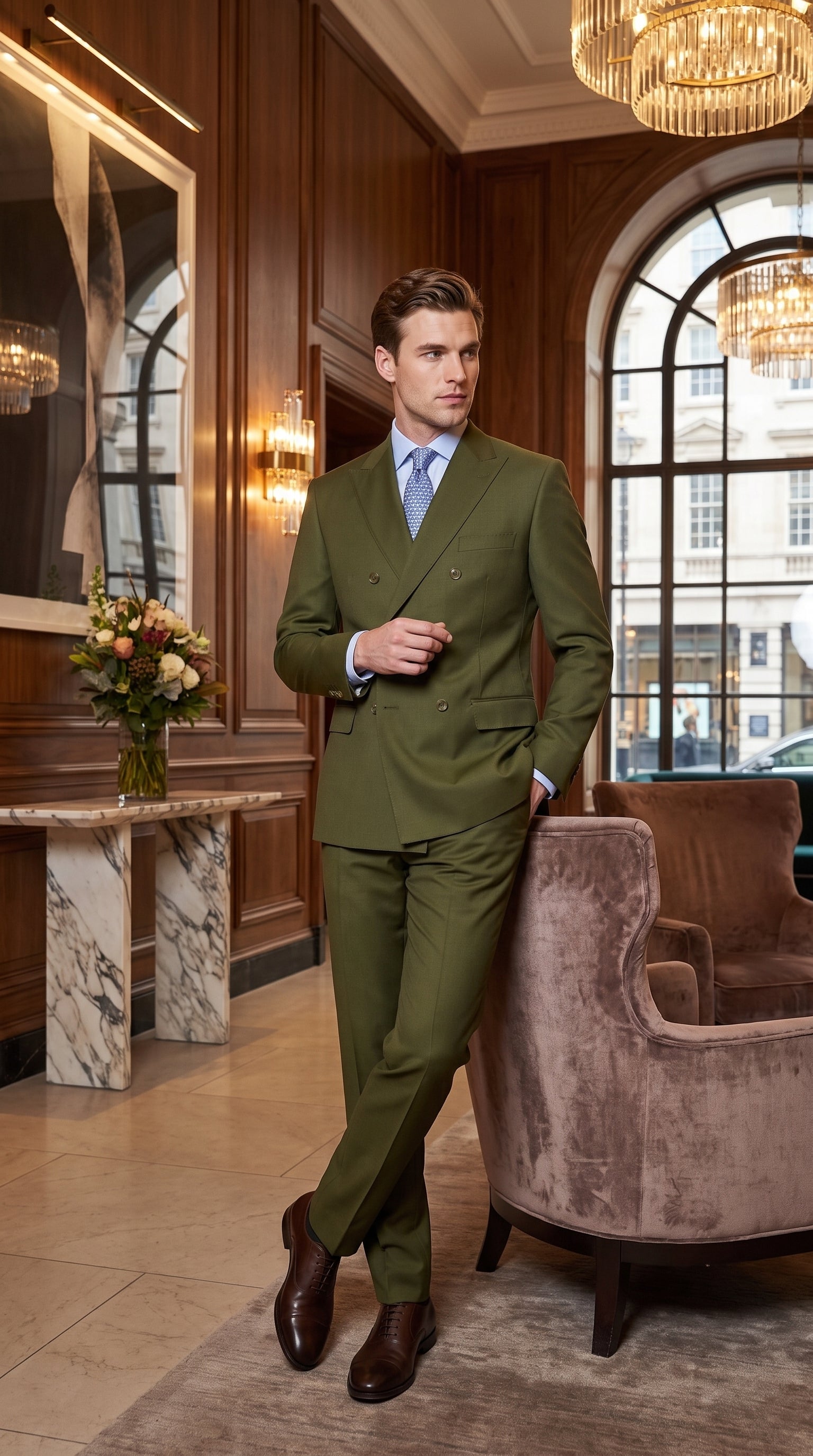 Men’s Olive Green Double-Breasted Suit – Classic Peak Lapel Wedding, Business Hunter Color - 34 Short or Extra Small