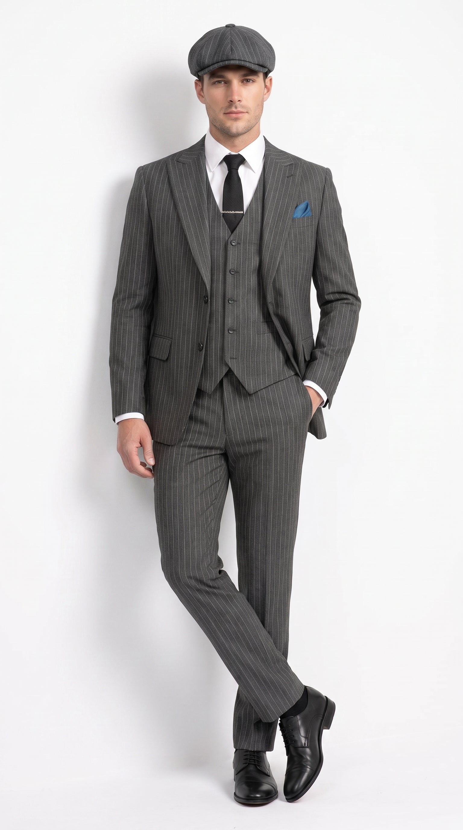 Men’s Thomas Shelby Peaky Blinders Gray Wool Suit Out fit Charcoal Grey Pinstripe 3-Piece  Vintage 1920s Suit