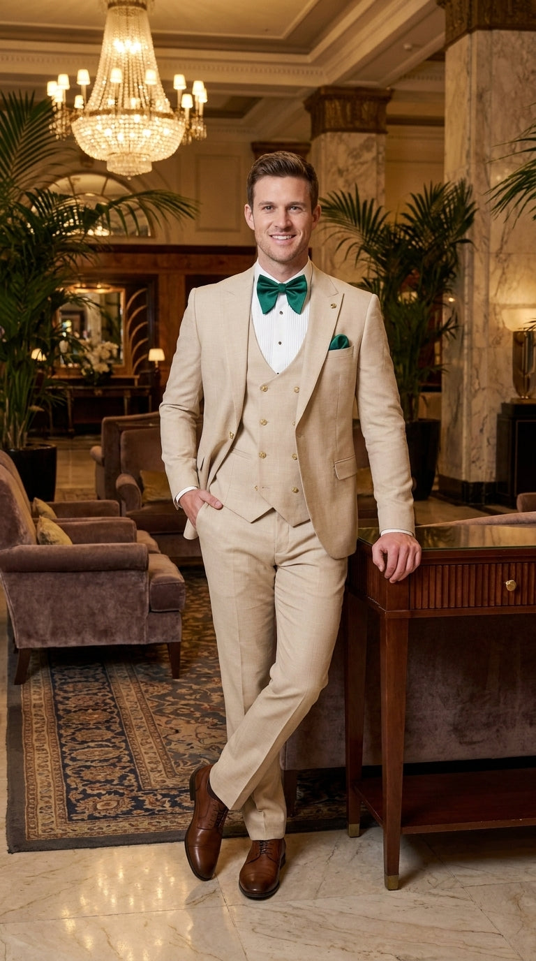 Men’s Khaki Tan 3-Piece Groomsmen Suit – Wedding Suit with Double-Breasted Vest and Pants Great Gatsby Style Gold buttons - 34 Short or Extra Small