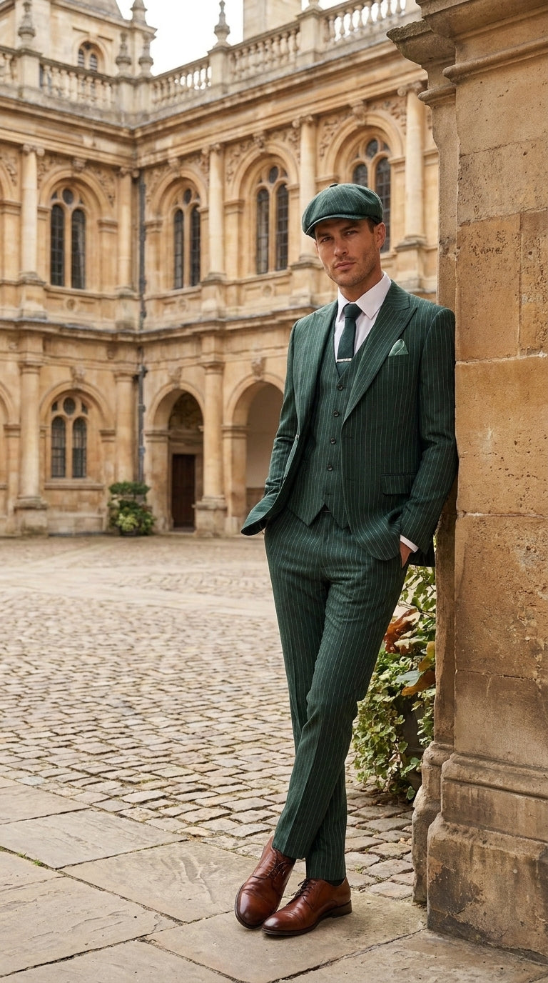 Men’s Hunter Green Pinstripe 3-Piece Suit – Vintage Wedding, Prom and Formal Suit with Matching Vest - 34 Short or Extra Small