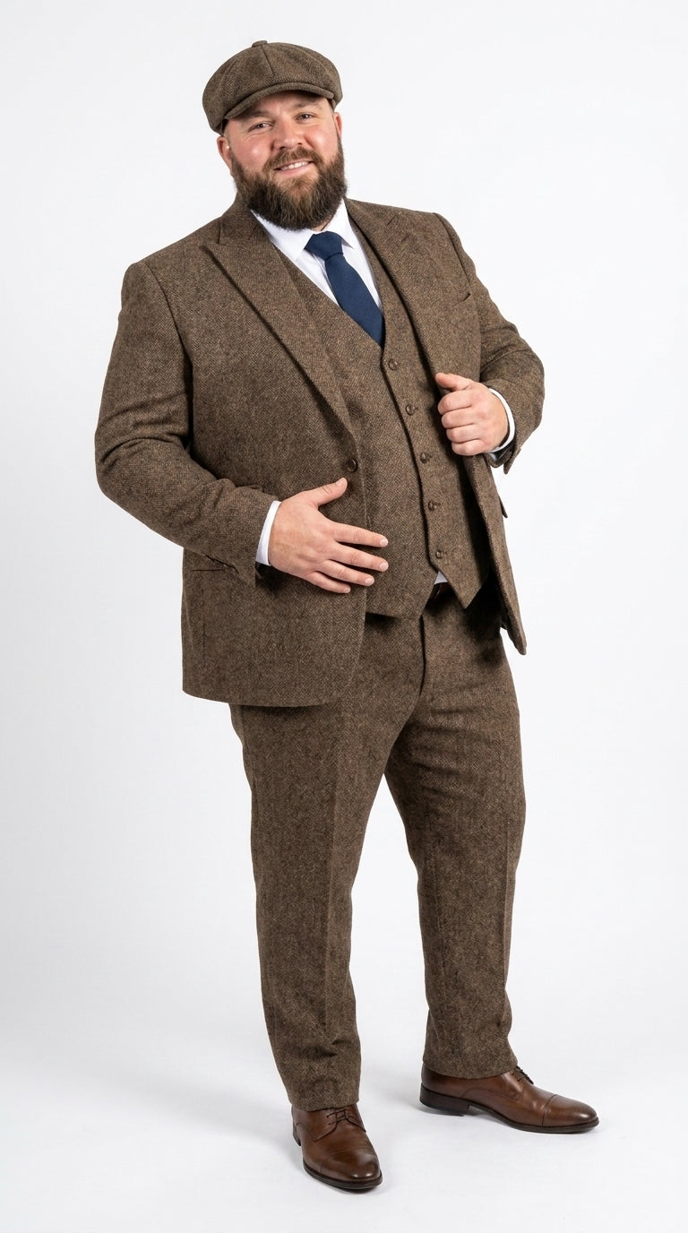 Peaky Blinder Men’s Brown Tweed 3-Piece Suit – Vintage Wedding, Business and Formal Suit with Matching Vest and Pants - 34 Short or Extra Small