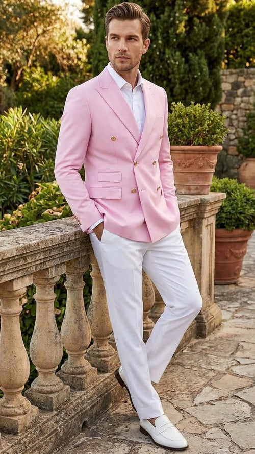 Mens Light Pink Double Breasted Blazer Sport Jacket Coat