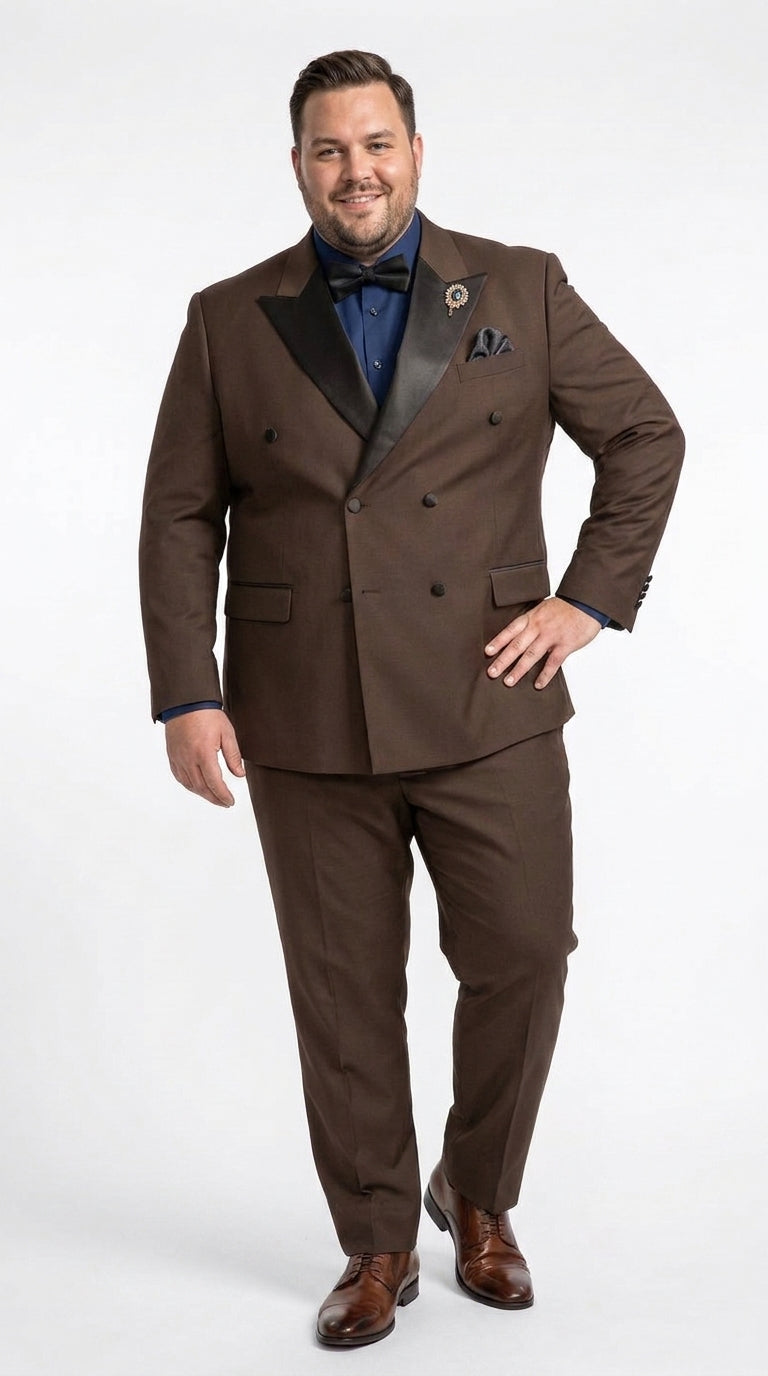 Men’s Brown Double Breasted Tuxedo – Satin Peak Lapel Formal Wedding & Prom Suit