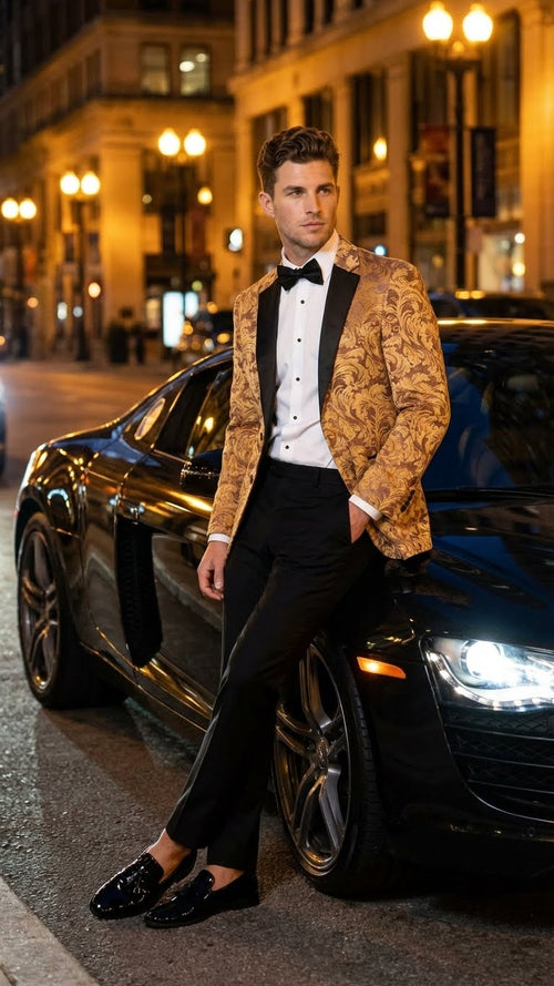 Mens Yellow Gold Baroque Pattern Tuxedo Blazer Suit Party and Wedding Jacket Prom Paisley Black Pants