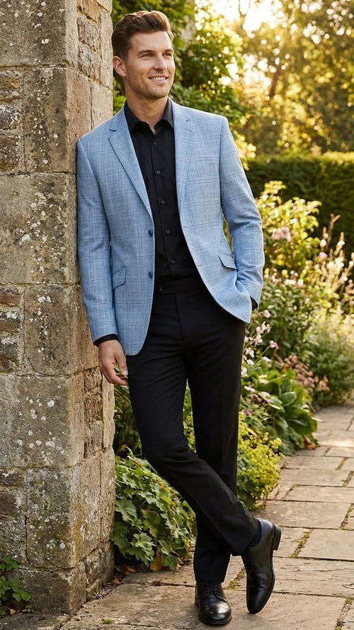 Mens Big and Tall Light Blue Checkered Blazer and Sport Coat Sky powder blue windowpane plaid pattern Jacket
