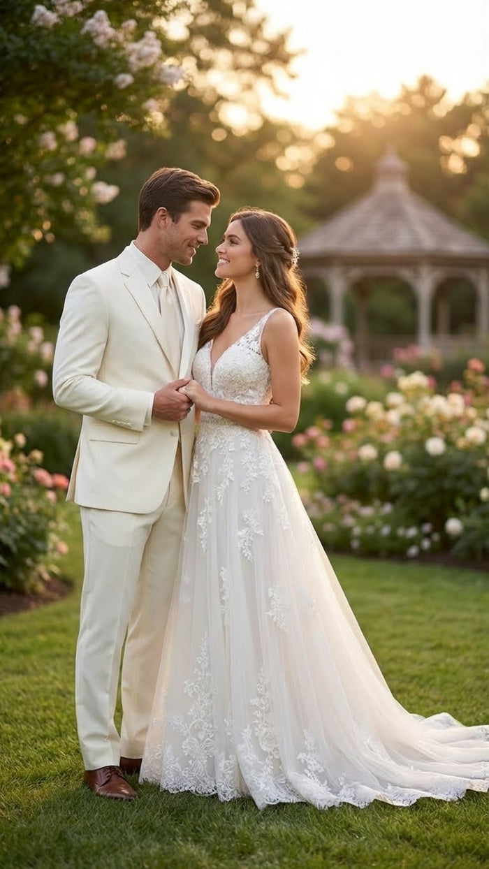 Mens Ivory Tuxedo Suit with Satin Notch Lapel Formal Wedding and Evening Wear Suit in Cream Off White Color