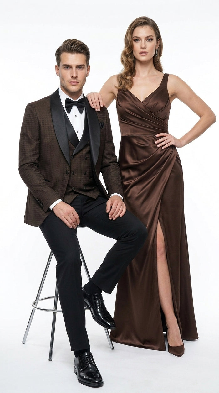 Men’s Chocolate Brown Tuxedo Suit – 3 Piece Shawl Lapel Wedding, Prom and Formal Dinner Tuxedo