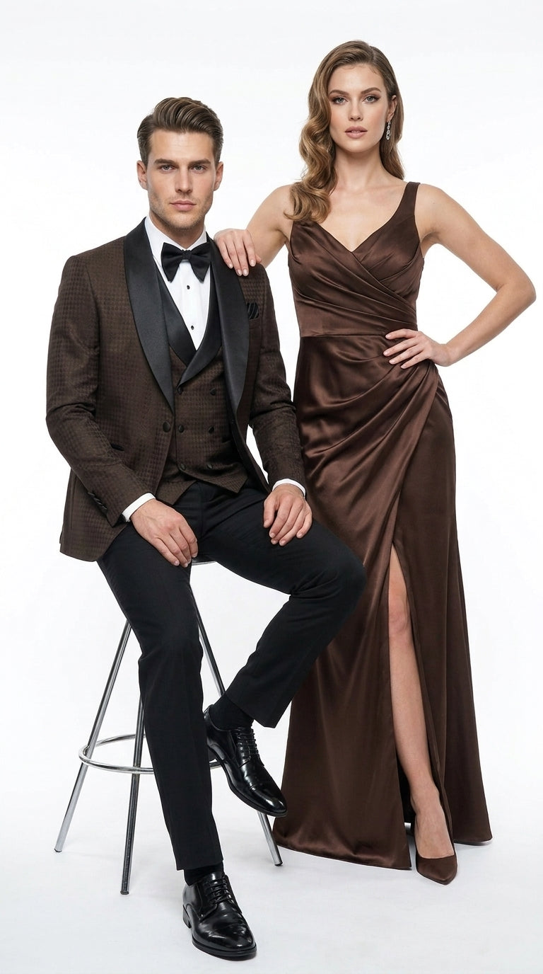 Men’s Chocolate Brown Tuxedo Suit – 3 Piece Shawl Lapel Wedding, Prom and Formal Dinner Tuxedo