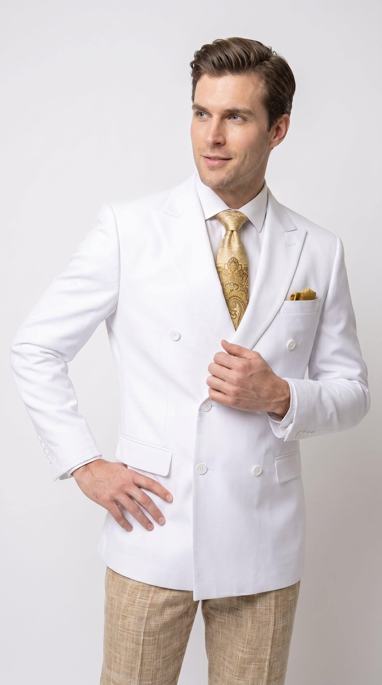 Men’s White Double Breasted Blazer, Formal Dress Jacket for Weddings, Prom, Parties, Dinner Events, and Special Occasions - 36 Short