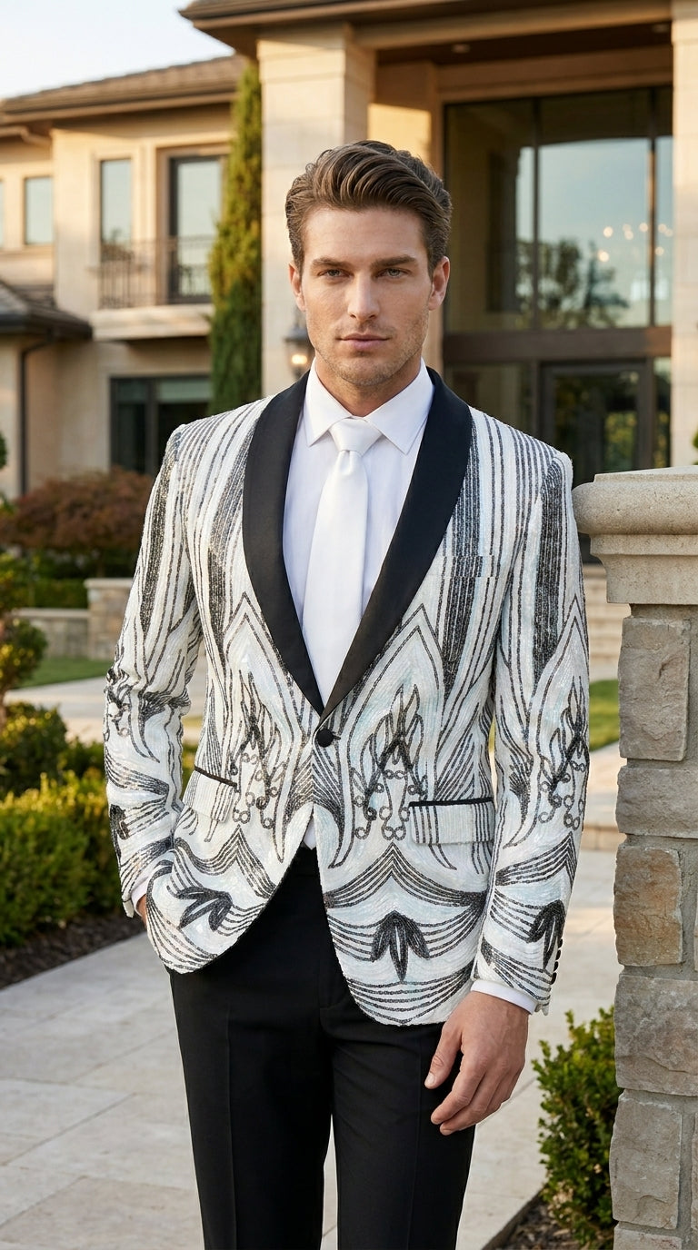 Men’s White and Black Patterned Tuxedo Blazer – Luxury Designer Dinner Jacket for Wedding, Prom and Formal Events New Year Christmas Holiday - 36 Short