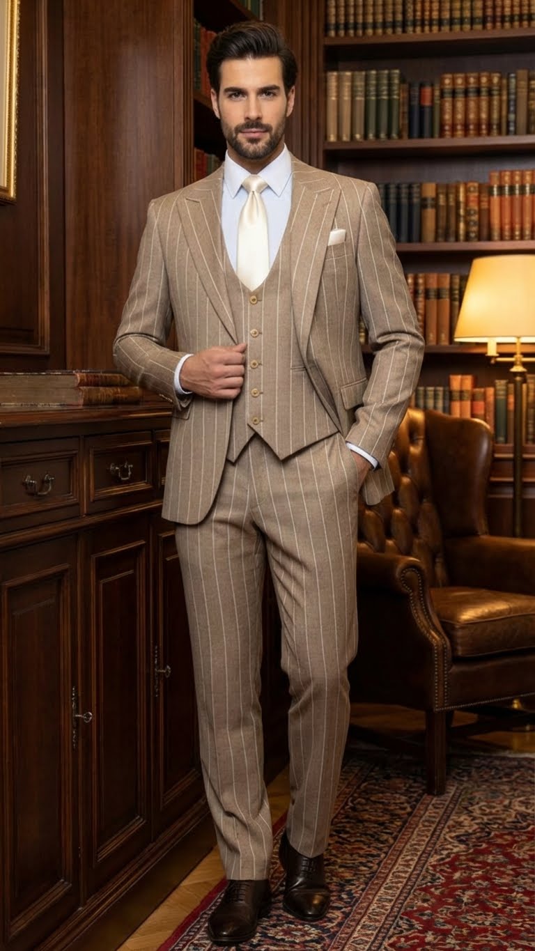 Men's Beige Pinstripe Three-Piece Vested Suit – Tailored Fit  Business Attire in Tan Stripe by Rossiman - 34 Short or Extra Small