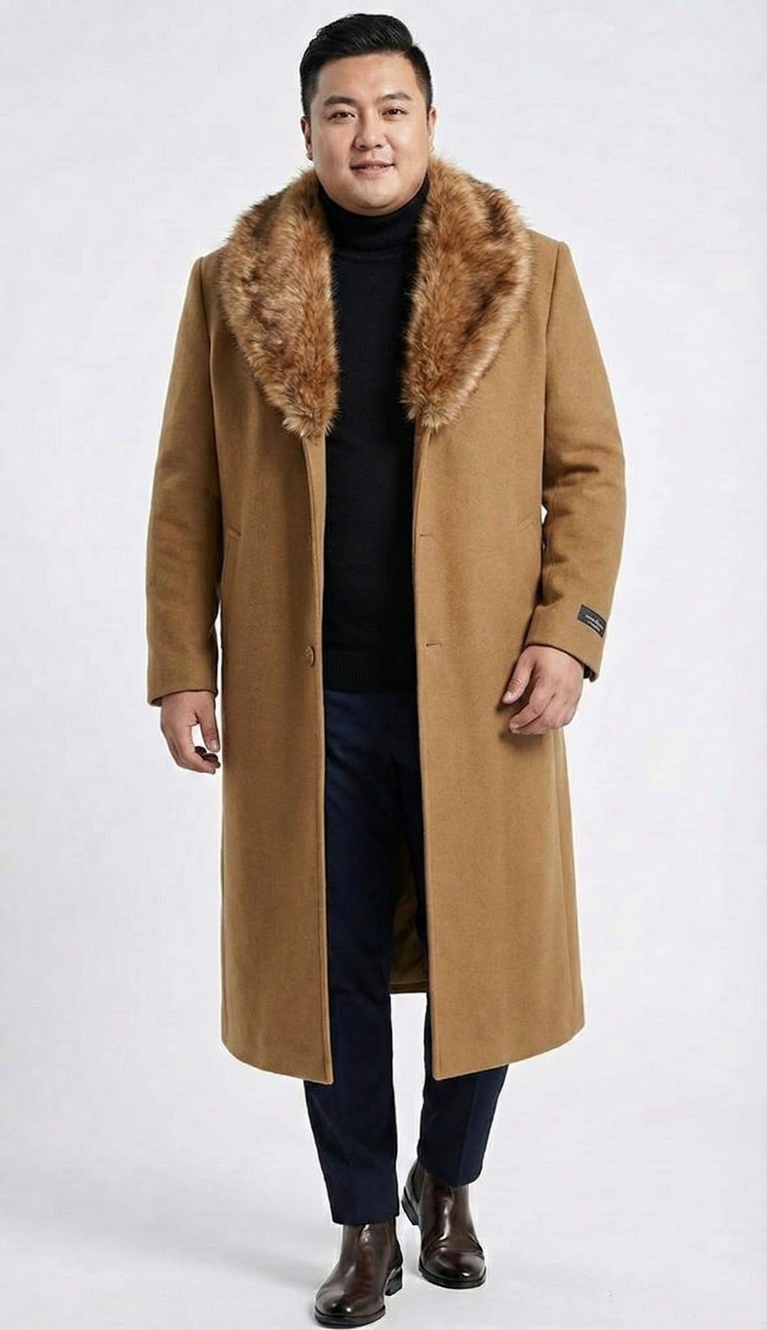 Men's Camel Brown Long Overcoat with Faux Fur Collar, Classic Winter Topcoat for Formal and Business Wear - Coat Size 34