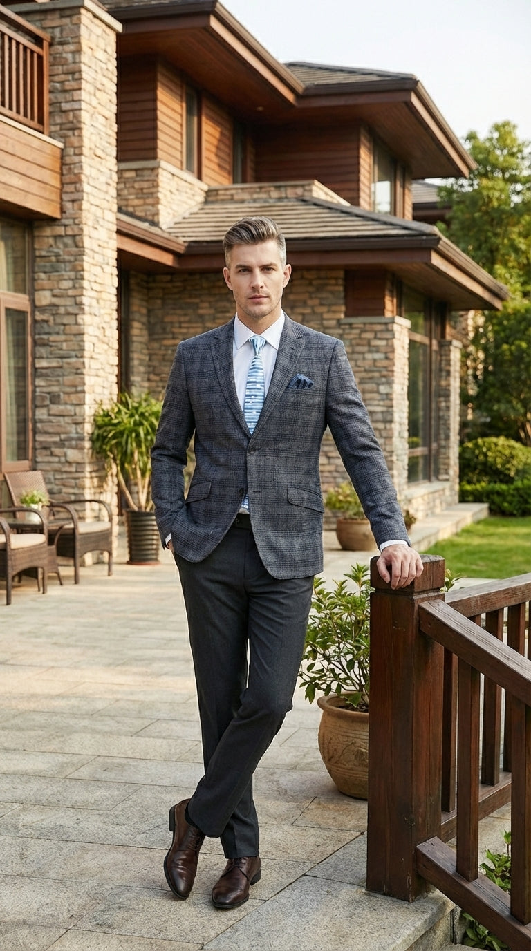 Mens Charcoal Gray with Blue Plaid Pattern Blazer Jacket – Classic Check Pattern Sport Coat for Business, Office, and Smart Casual Wear - 36 Short