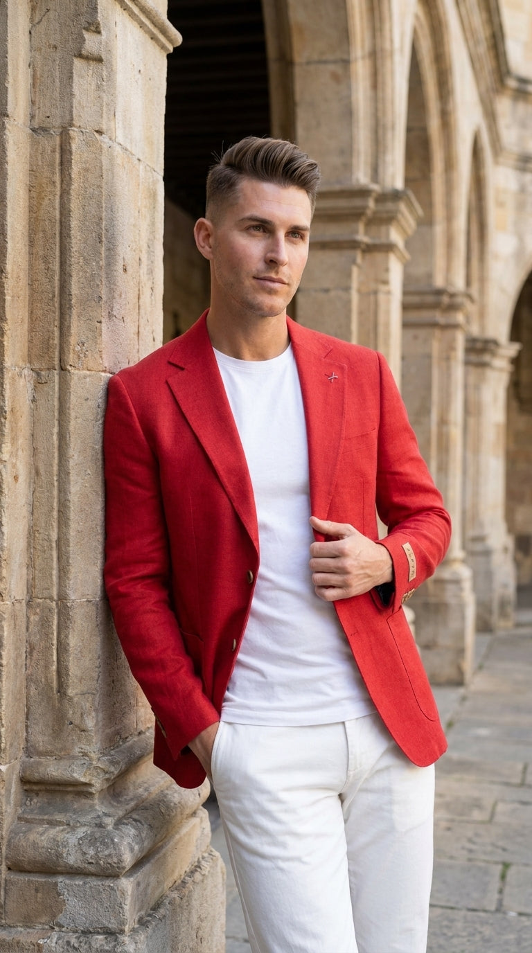 Men’s Red Linen Blazer – Two-Button Wedding, Business and Smart Casual Sport Coat - 36 Short