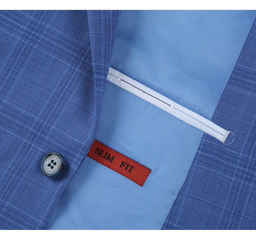 "Light Blue Windowpane Plaid Men's Slim Fit Two-Button Suit"