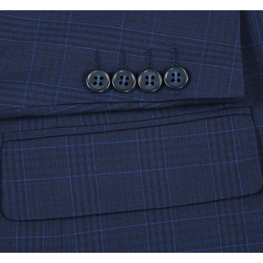 "Classic Fit Men's Suit - Dark Blue Windowpane Plaid Check, Two Button" - 36 Short