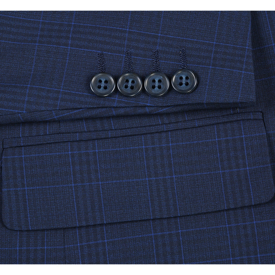 "Classic Fit Men's Suit - Dark Blue Windowpane Plaid Check, Two Button"