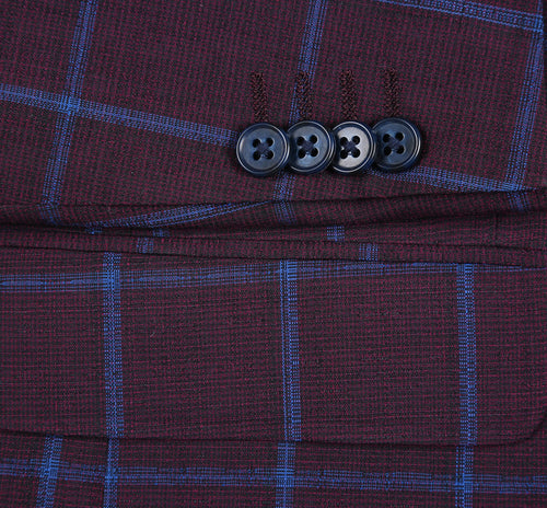 "Men's Slim Fit Two-Button Sport Coat Blazer - Burgundy & Blue Windowpane Plaid"