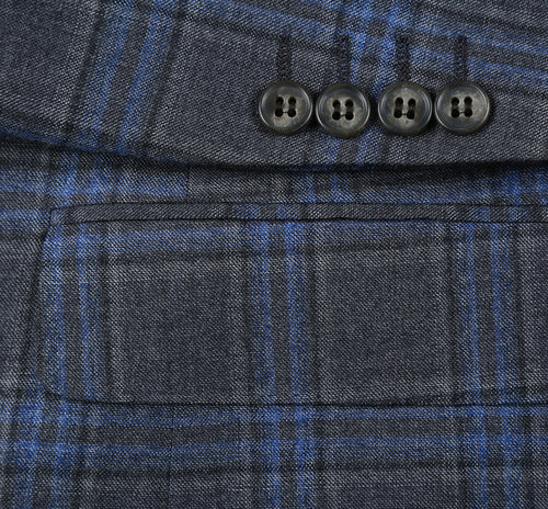 "Classic Fit Men's Wool Suit - Two Button Vested in Grey & Blue Windowpane Plaid"