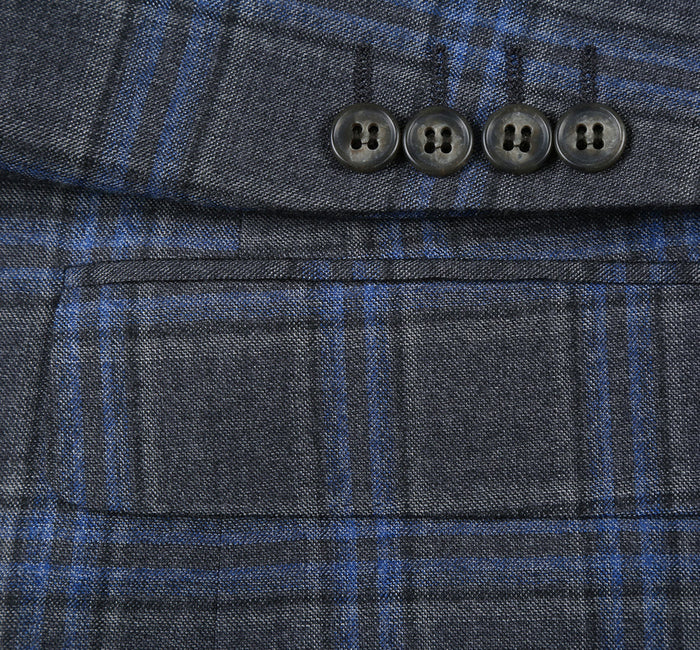 "Classic Fit Men's Wool Suit - Two Button Vested in Grey & Blue Windowpane Plaid"