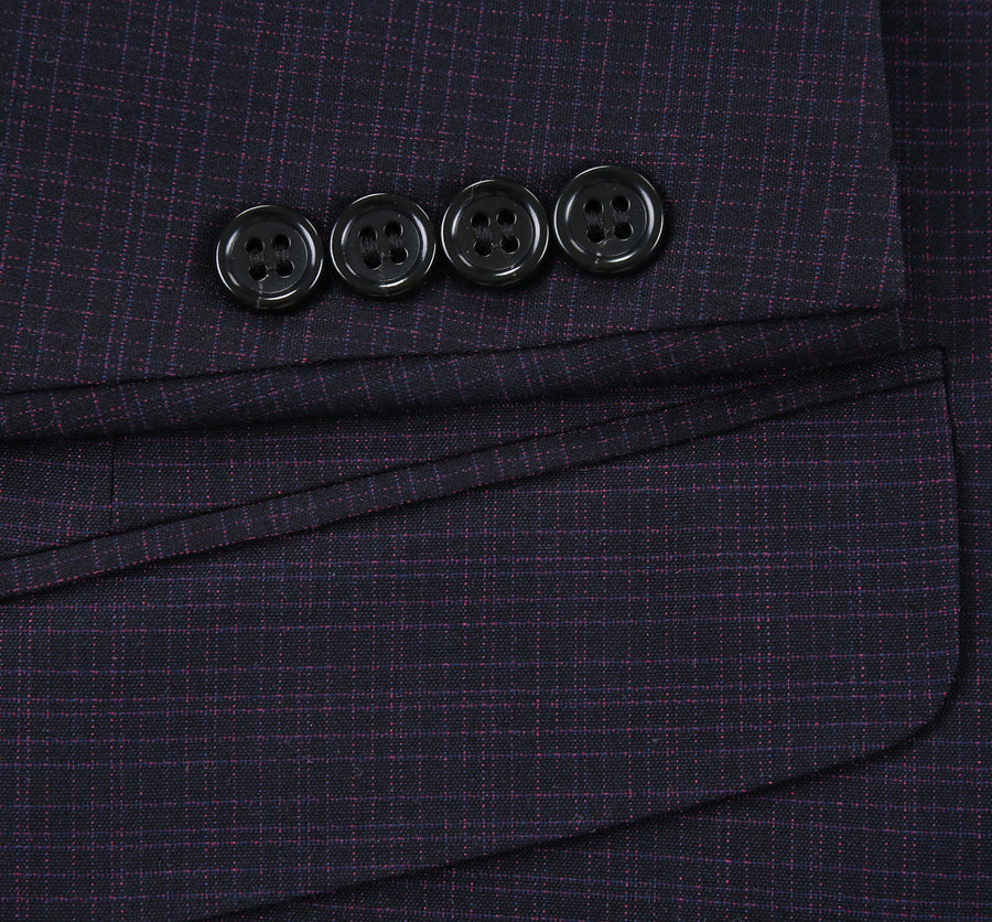 "Men's Slim Fit Two Button Suit - Black & Magenta Mini Check" - 34 Short