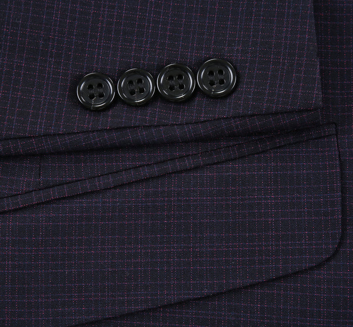 "Men's Slim Fit Two Button Suit - Black & Magenta Mini Check"