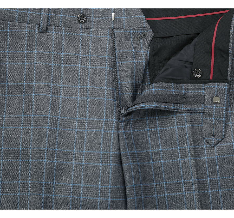"Classic Fit Men's Two Button Suit - Grey & Blue Windowpane Plaid"