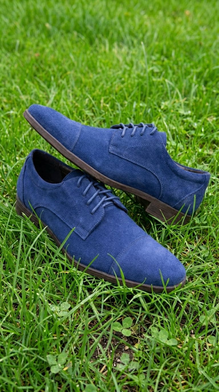 Men’s Navy Blue Suede Cap Toe Dress Shoes – Classic Lace Up Formal Wedding and Prom Shoes Velvet Fabric - 6 Standard / D / Medium