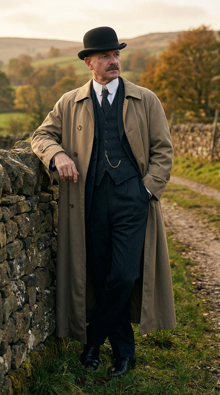 Men’s Beige Cotton Trench Coat Suit Package – Classic Long Overcoat for Formal + Suit + Hat - Coat Size 38