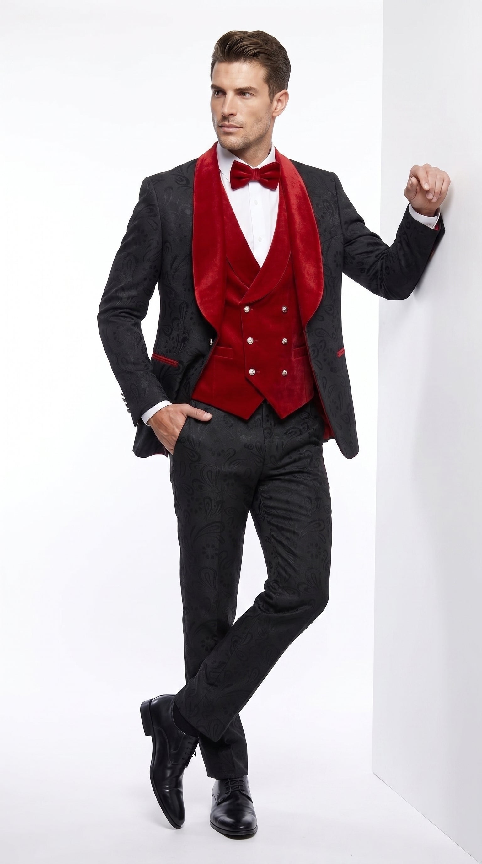 Men’s Black Paisley Tuxedo with Red Velvet Shawl Lapel – 3 Piece Wedding Prom Suit With Matching Bowtie - 34 Short or Extra Small