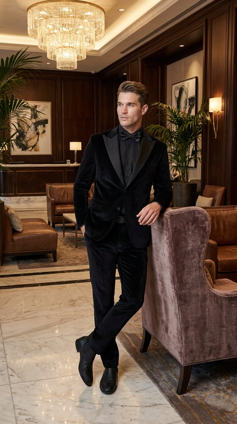Men’s Black Velvet Tuxedo Suit – Peak Lapel Wedding, Prom and Formal Evening Velvet Pants - 34 Short or Extra Small