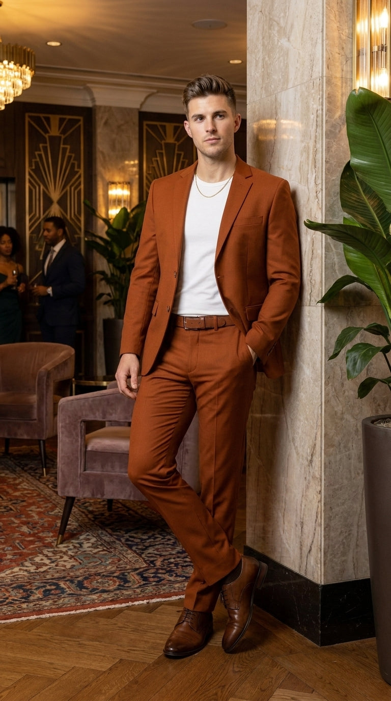 Men’s Burnt Orange Modern Fit Suit – Slim Fit Wedding, Prom and Formal 2-Piece Suit Copper Brick Color - 34 Short or Extra Small
