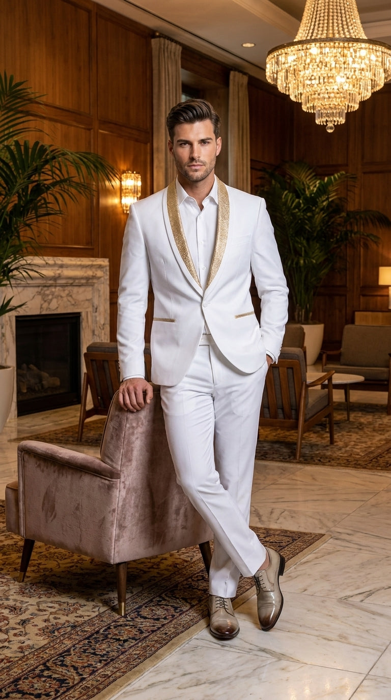 Men’s White and Gold Lapel 2-Piece Tuxedo Suit with Gold Glitter Shawl Lapel – Wedding, Prom and Dinner Jacket - 34 Short or Extra Small