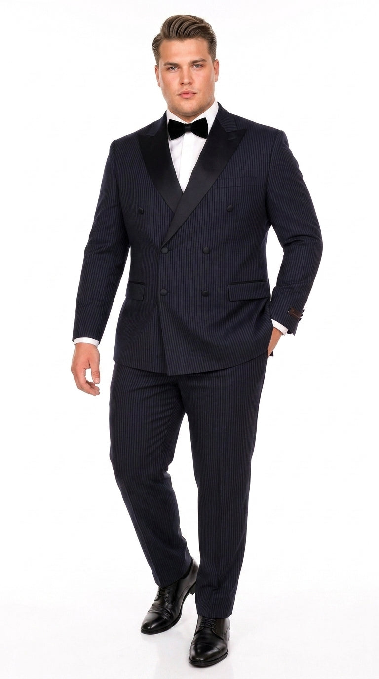 Men’s Navy Blue Double-Breasted Tuxedo – Tone-on-Tone Shadow Pinstripe Formal Wedding and Prom Suit - 34 Short or Extra Small