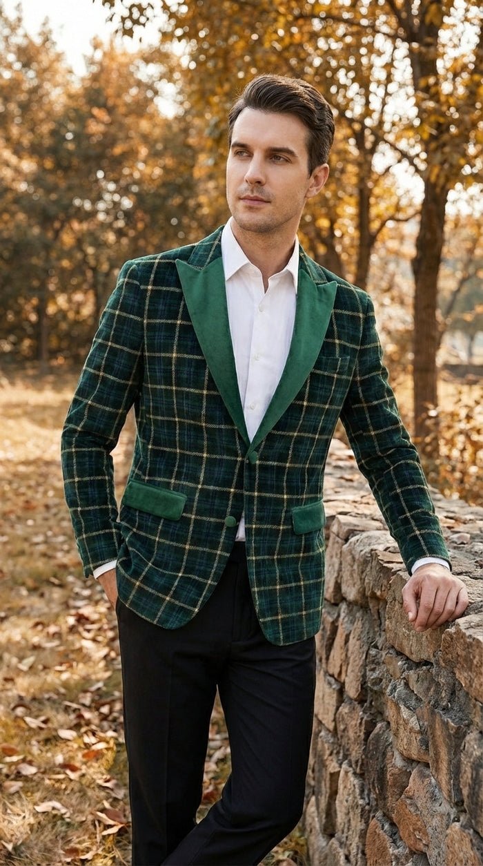Mens Tartan Green and Gold Check Blazer – Windowpane Plaid Sport Coat Velvet Lapel Plaid Christmas Holiday New Year Jacket